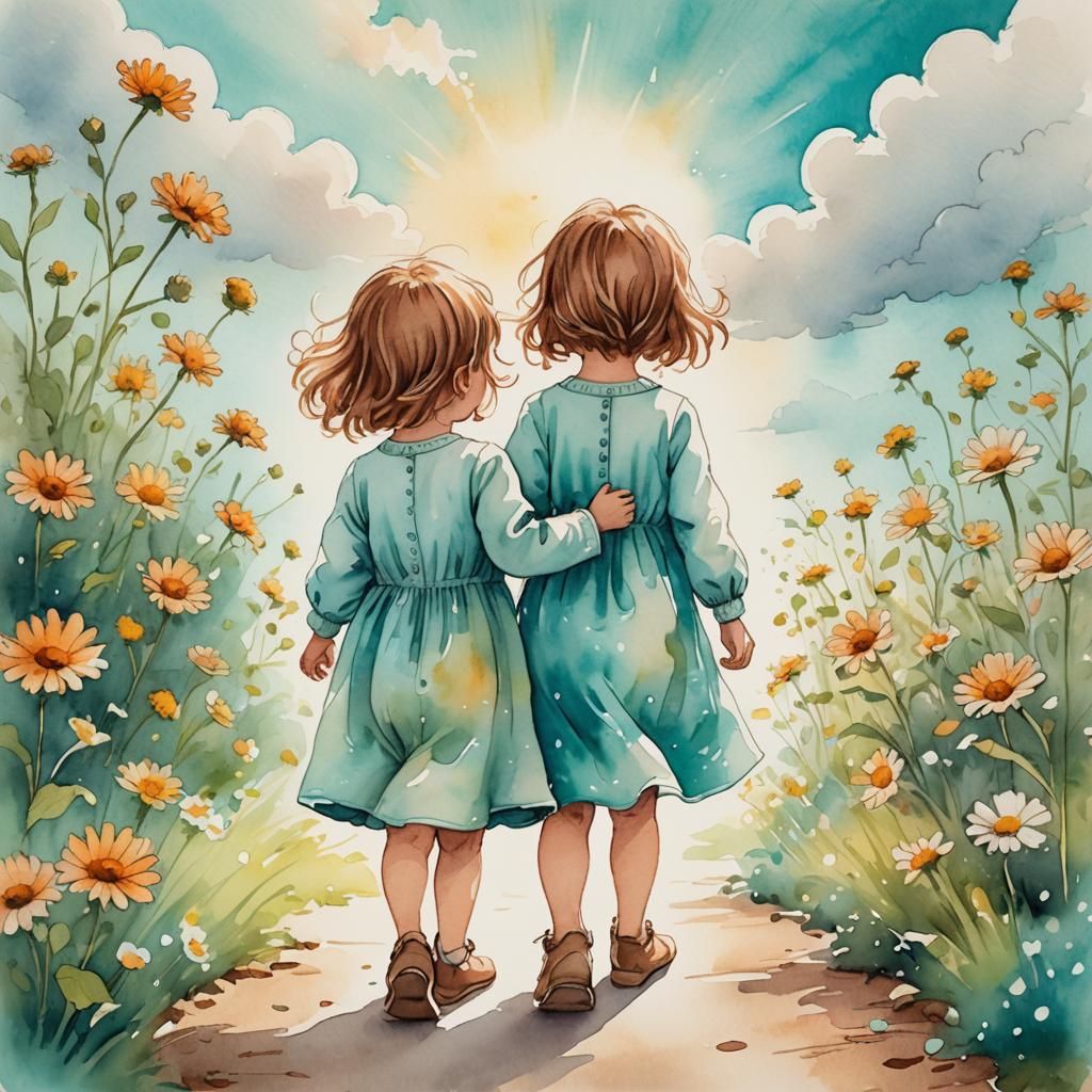Watercolor Toddler Sisters in Flower Garden