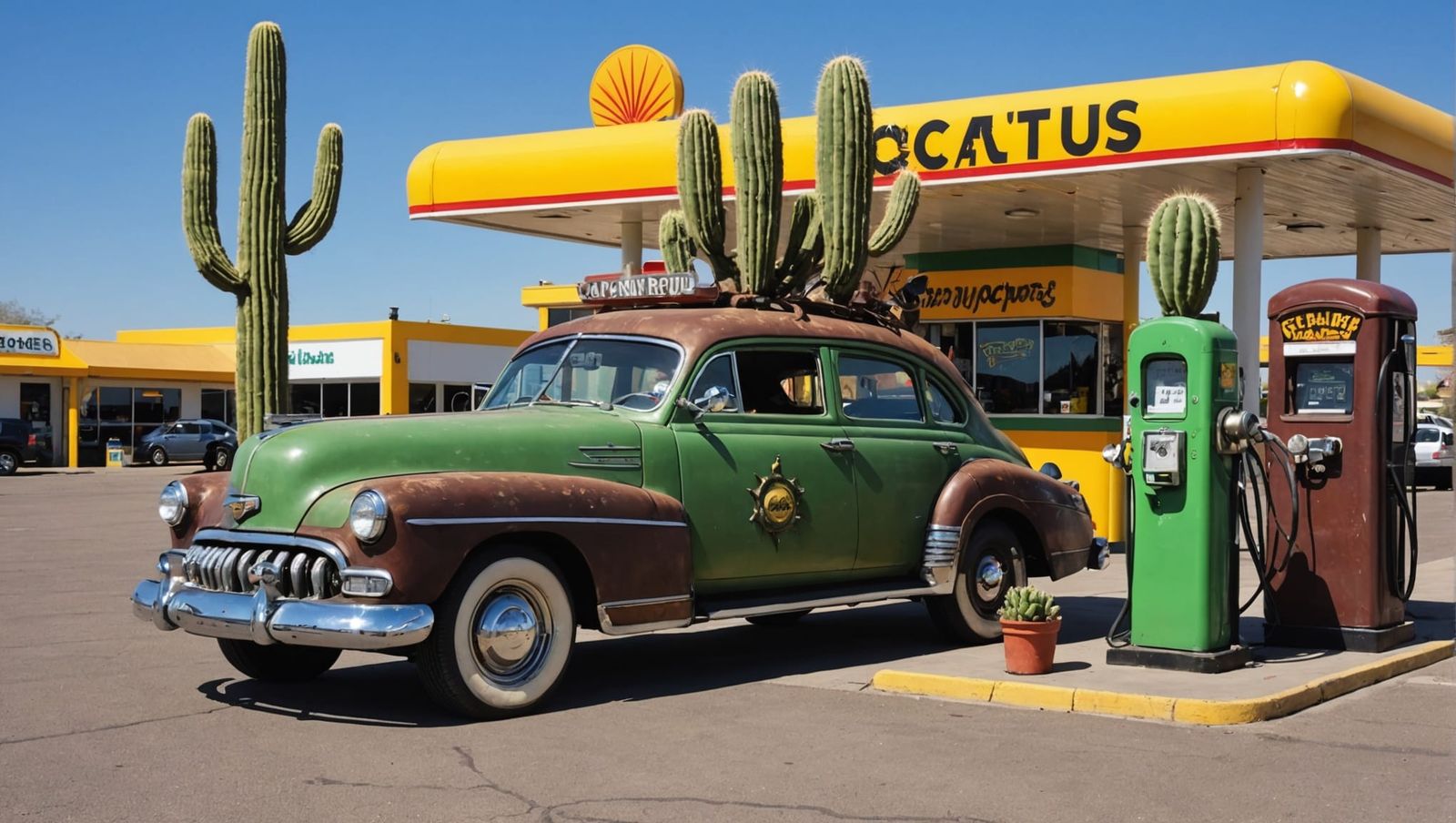 Steampunk Cactus Refuels Cactus Mobile at Gas Station