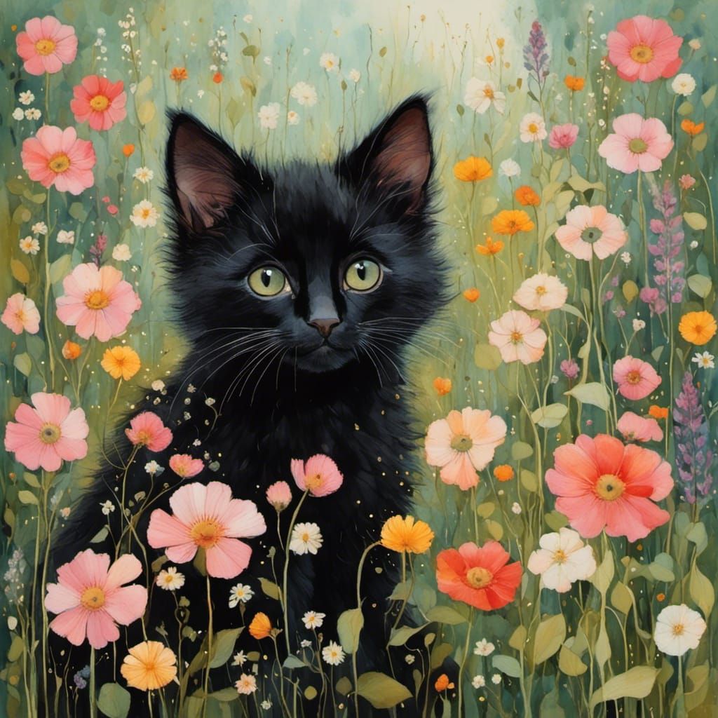 Cute Kitten in Spring, Art Nouveau Style