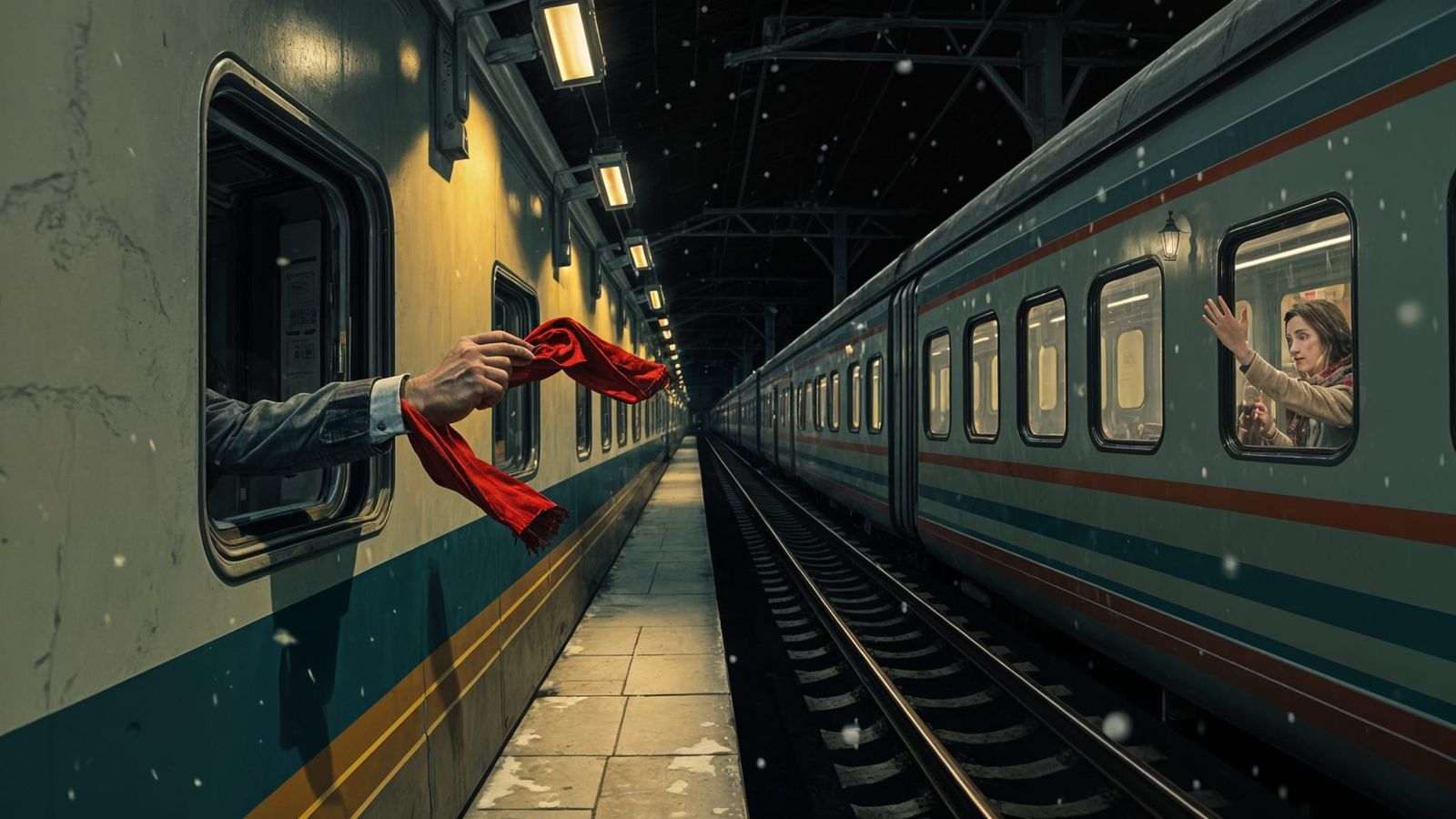 80s Railway Platform with Red Scarf in Snow