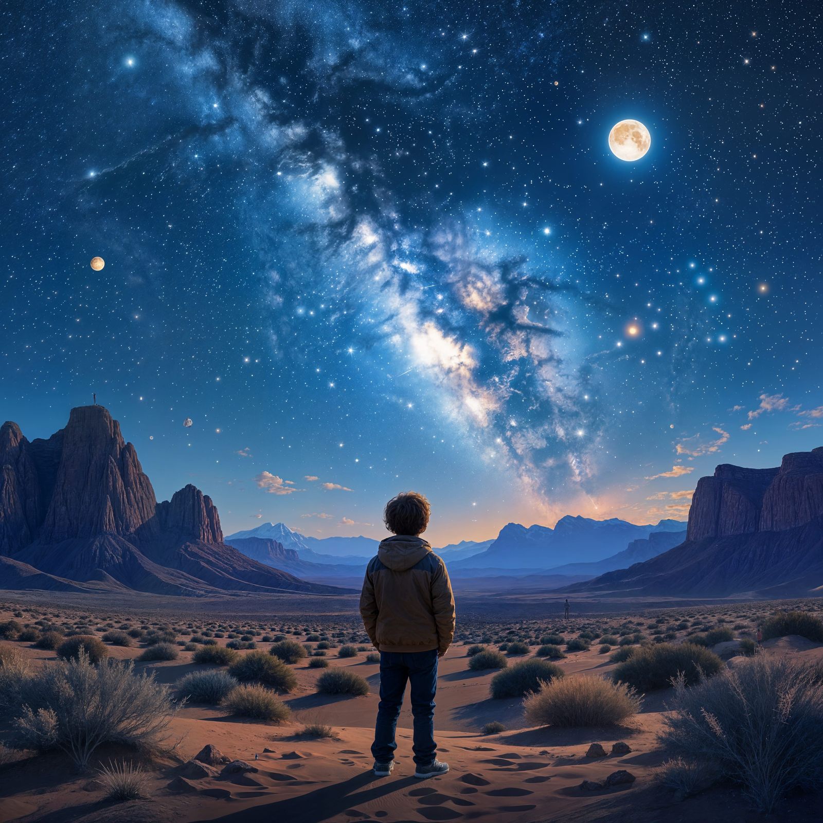 Boy Stargazing in Desert Night Sky