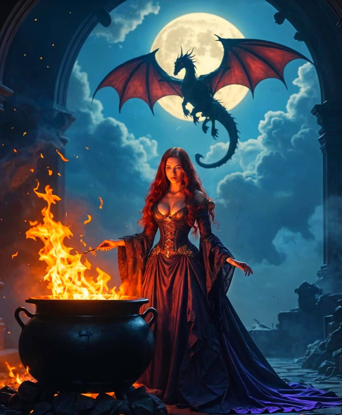 Witch with Red Hair by Fiery Cauldron Under Dragon Moon