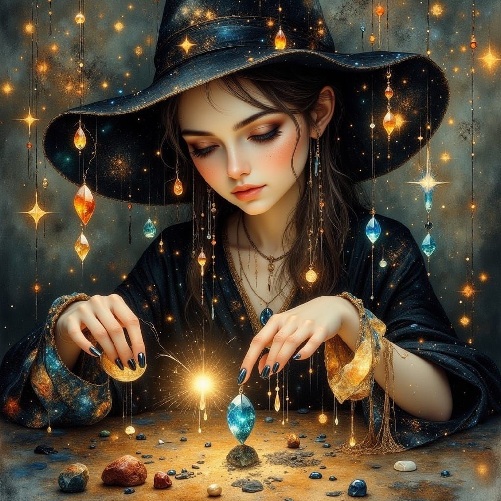 Enchanting Witch Crafts Celestial Jewelry in Watercolor Styl...