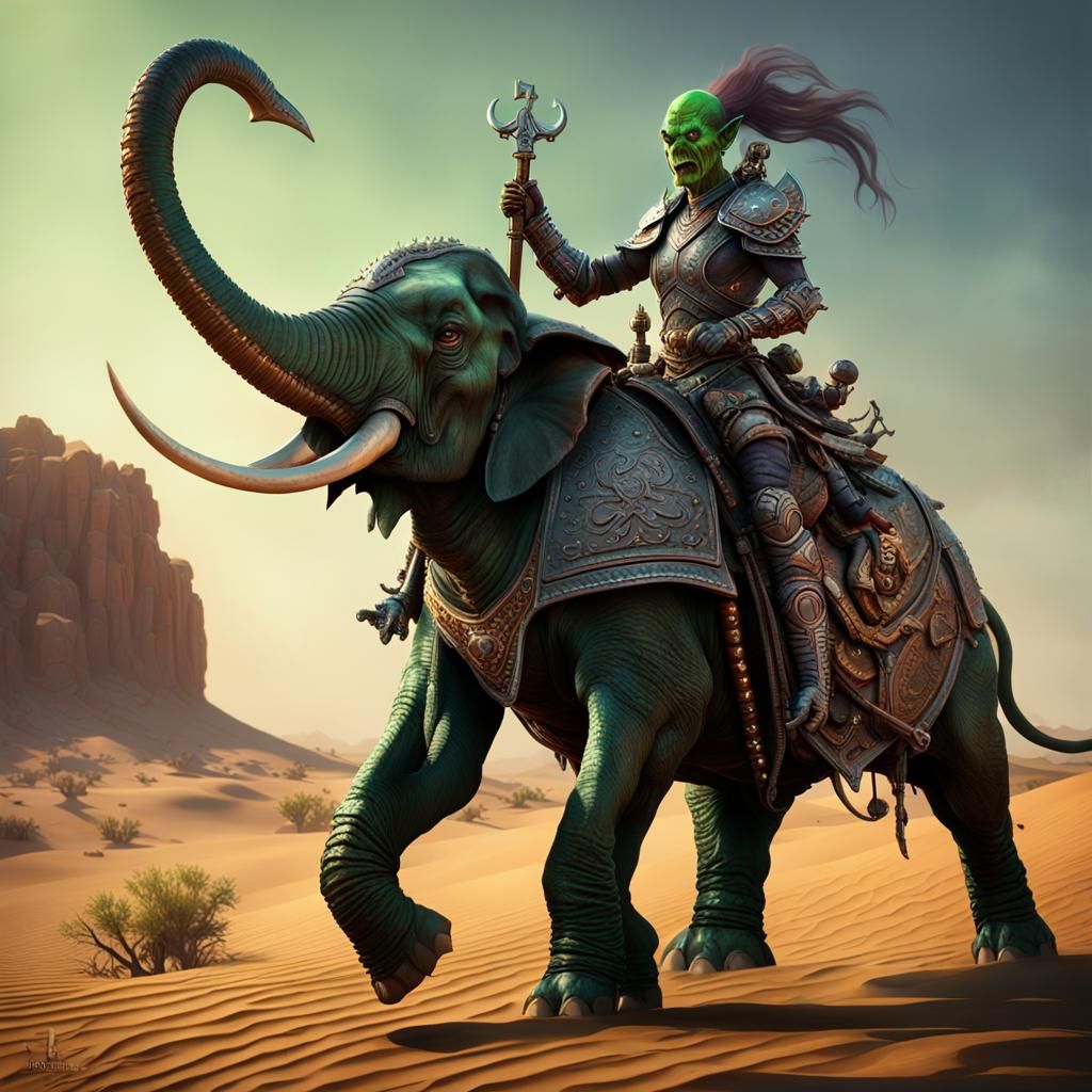 Green Goblin Demon on Elephant in Dark Fantasy Style