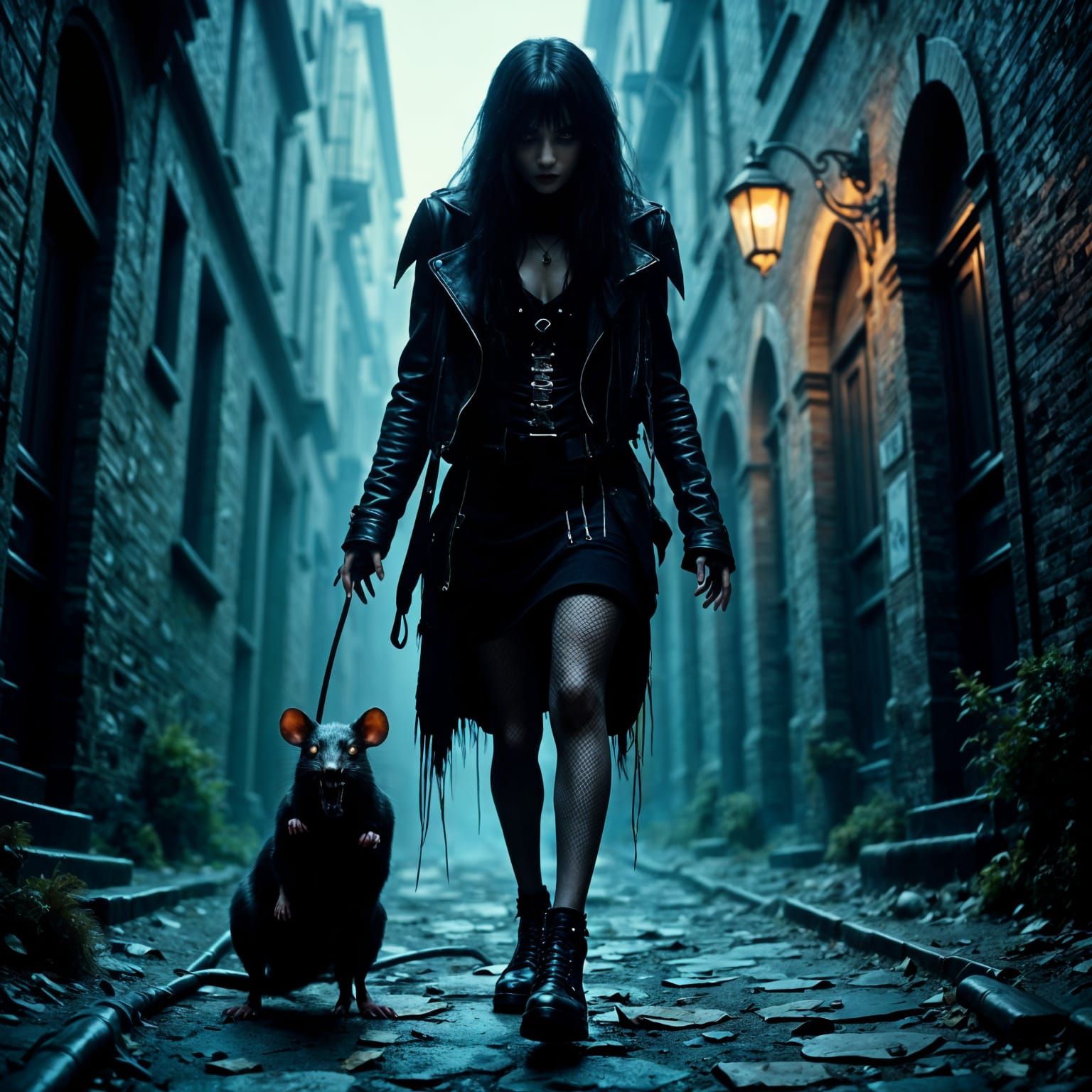 Ethereal Goth Woman Walking Pet Rat in Dark Alley