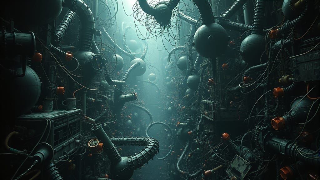 Surreal, Claustrophobic Nightmare Scene in Industrial Biomec...
