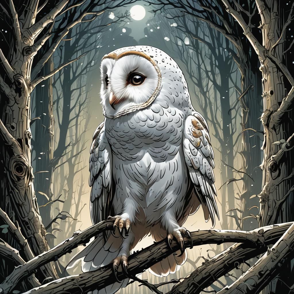 White Barn Owl with Big Eyes in Comic Book Style