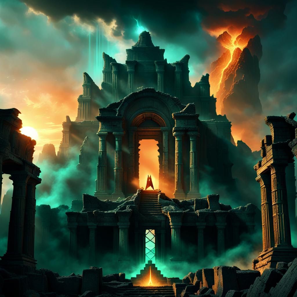 Ruined Temple Under Dark Fantasy Sunset