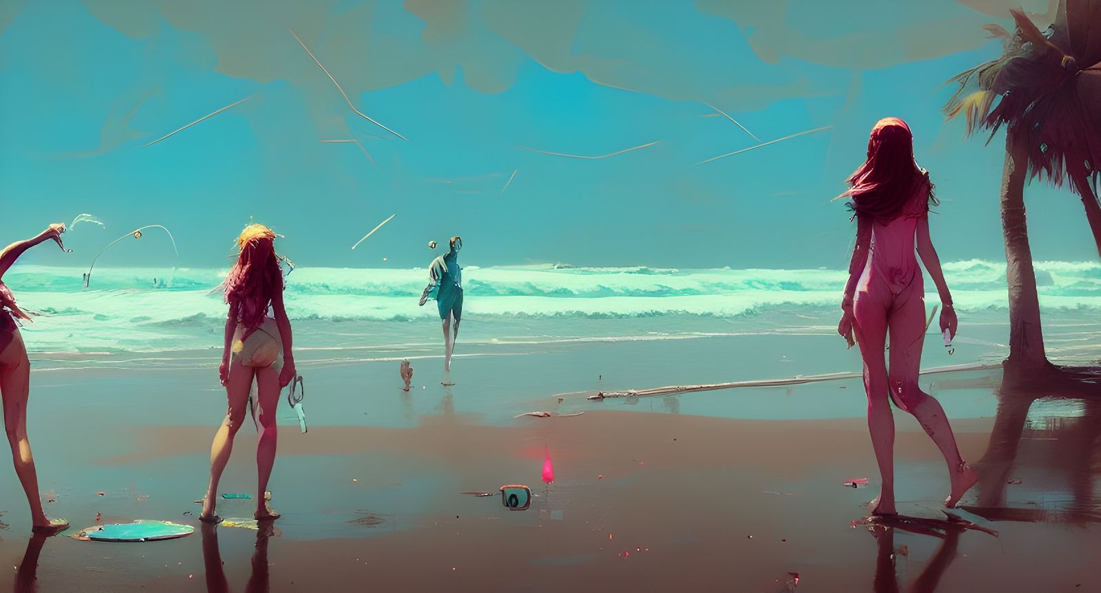 Girls at the Beach: Digital Illustration