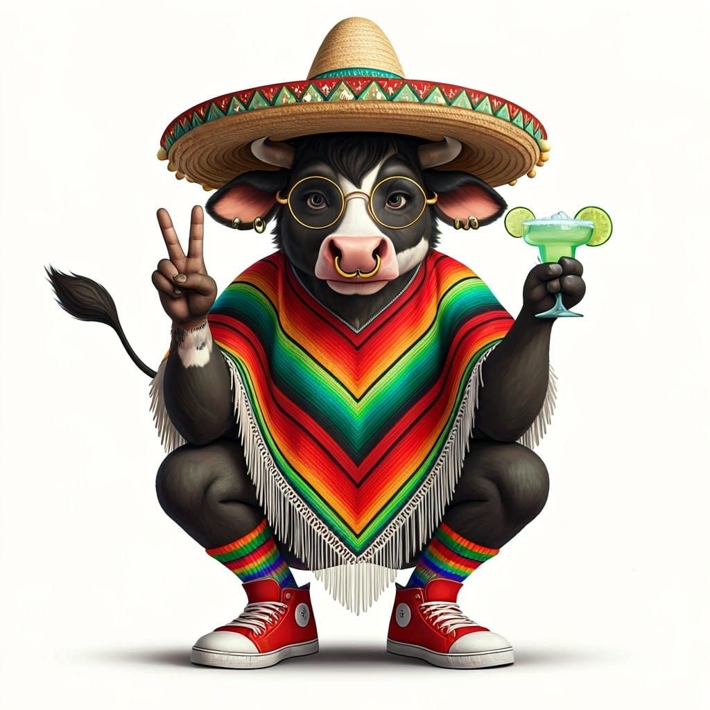 Anthropomorphic Cow with Margarita in Cartoon Realism Style