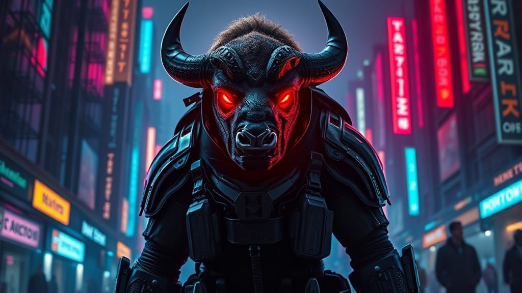 Techno-Warrior Bison Dominates Cyberpunk Cityscape in Neon-L...