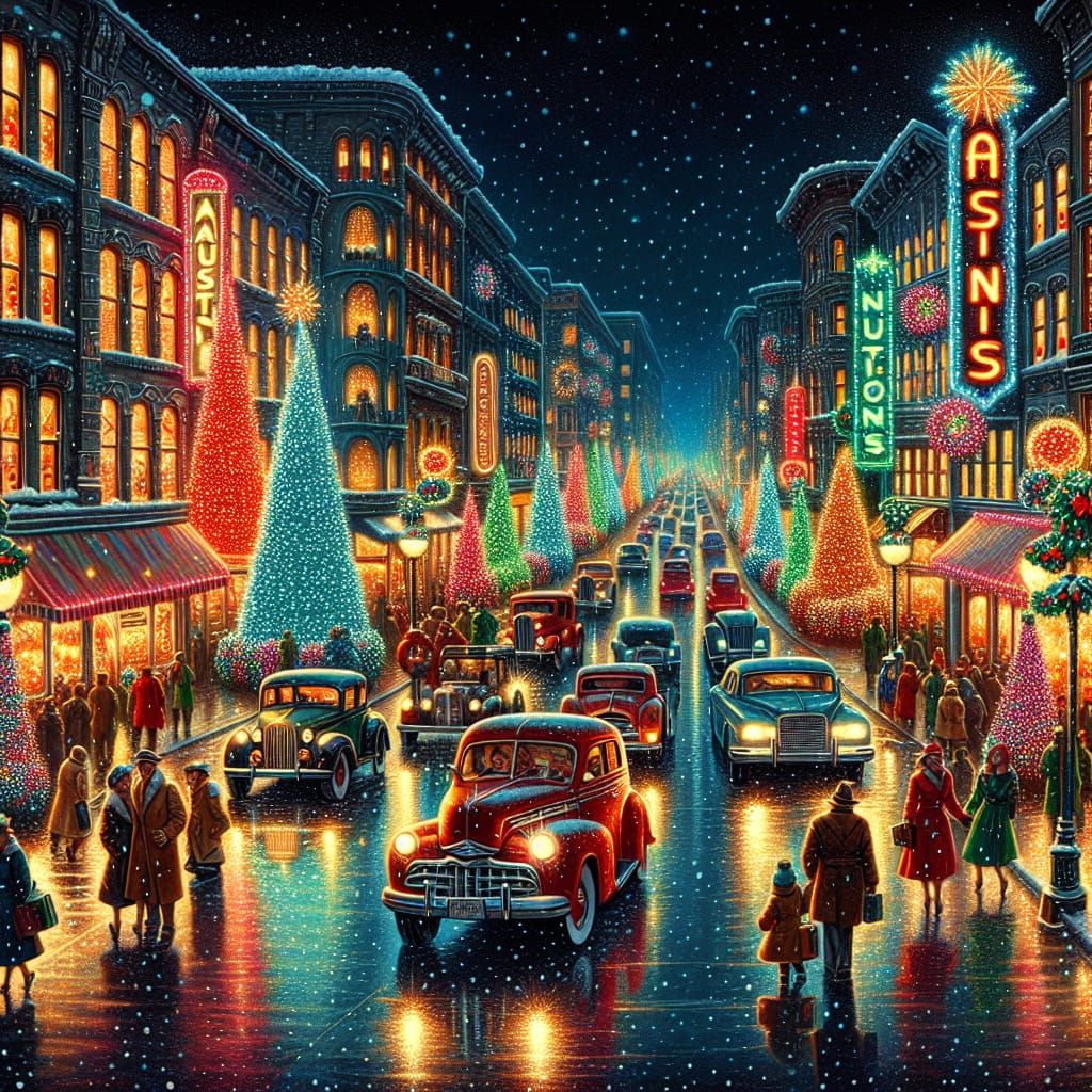 Festive Vintage Christmas City Street Illustration