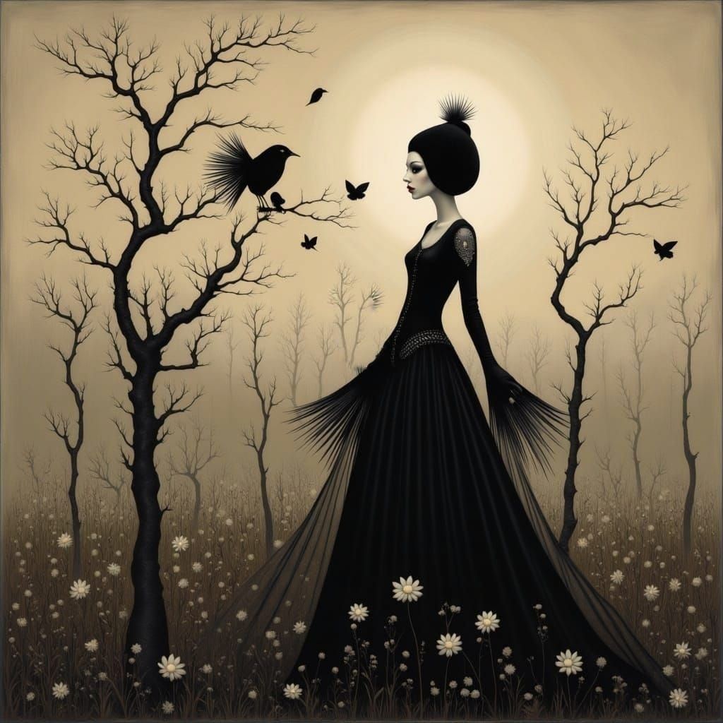 Gothic Punk Art Nouveau Silhouette in Barren Field