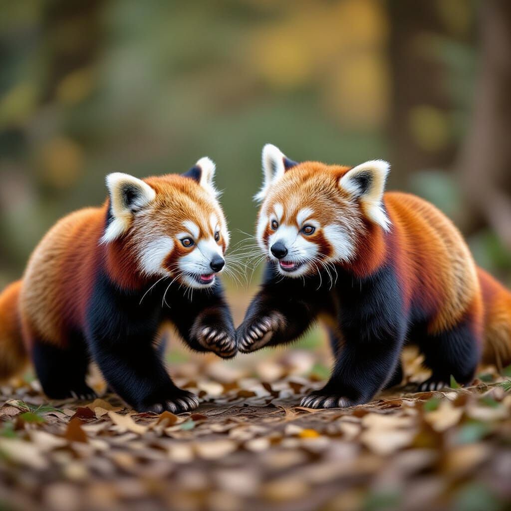 Red Pandas Playful Chase in Cozy Habitat