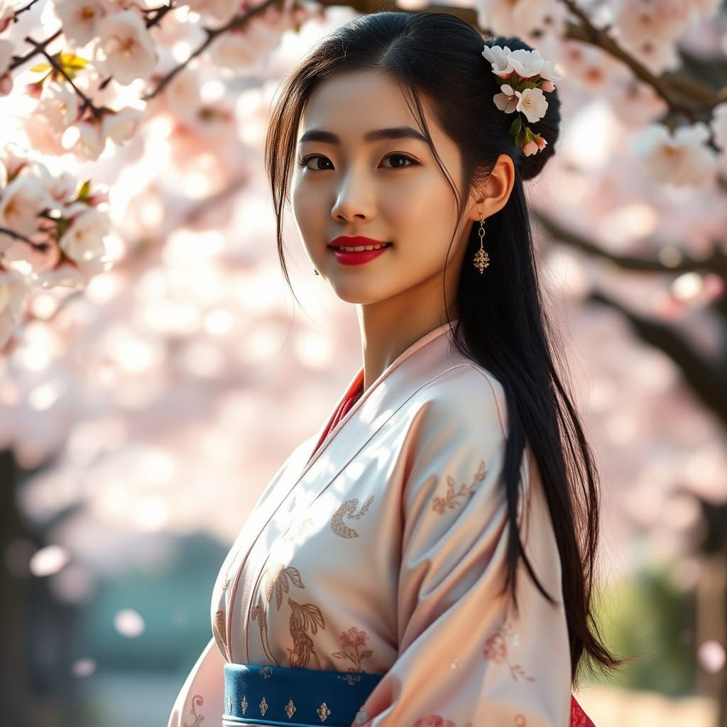 Traditional Japanese Beauty Under Cherry Blossoms
