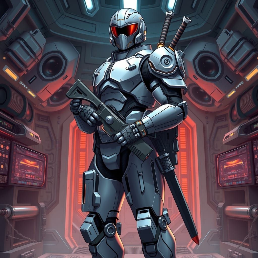 Cyberpunk Super Soldier in High-Tech Power Suit