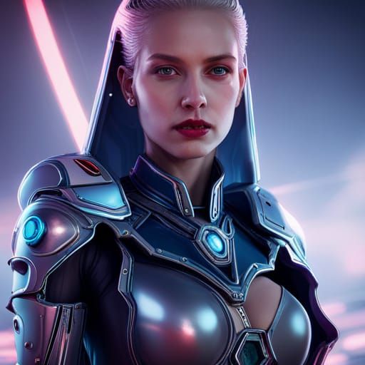 Cyberpunk Virgin Mary Superhero in Sci-Fi Setting