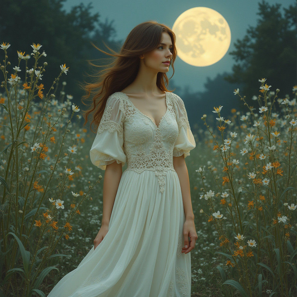 Woman in Moonlit Garden in Pre-Raphaelite Style