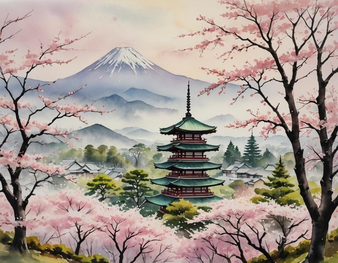 Mount Fuji Cherry Blossom Watercolor Painting