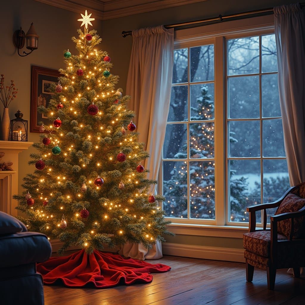 Cozy Christmas Tree in Gentle Snowfall, Festive Holiday Scen...