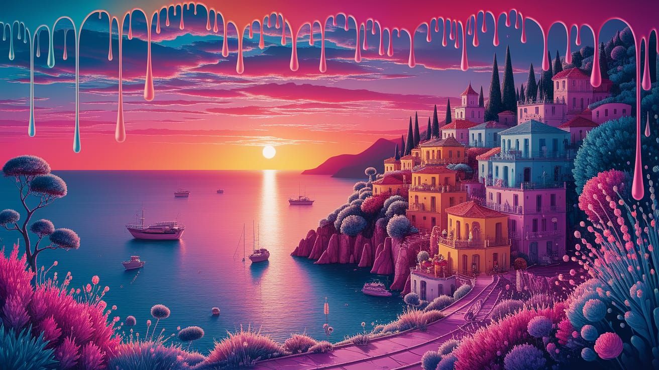 Mediterranean Sunset Village in Impressionistic Style
