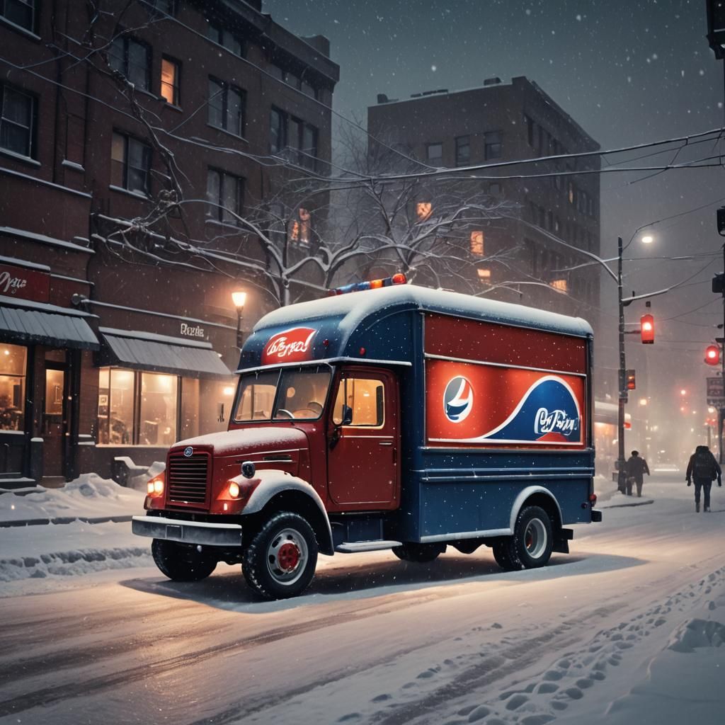 Surreal Winter Scene of a Festive Pepsi Truck Under Snowy Ni...