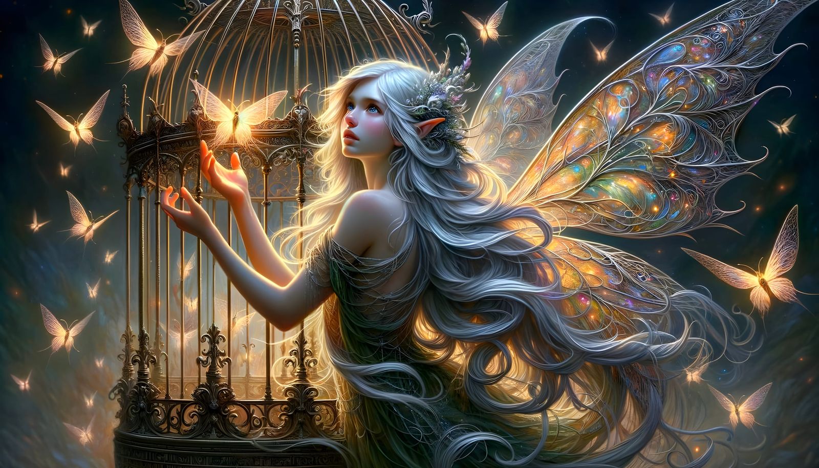 Surreal Sylph-Fairy Longing for Freedom in Ornate Cage