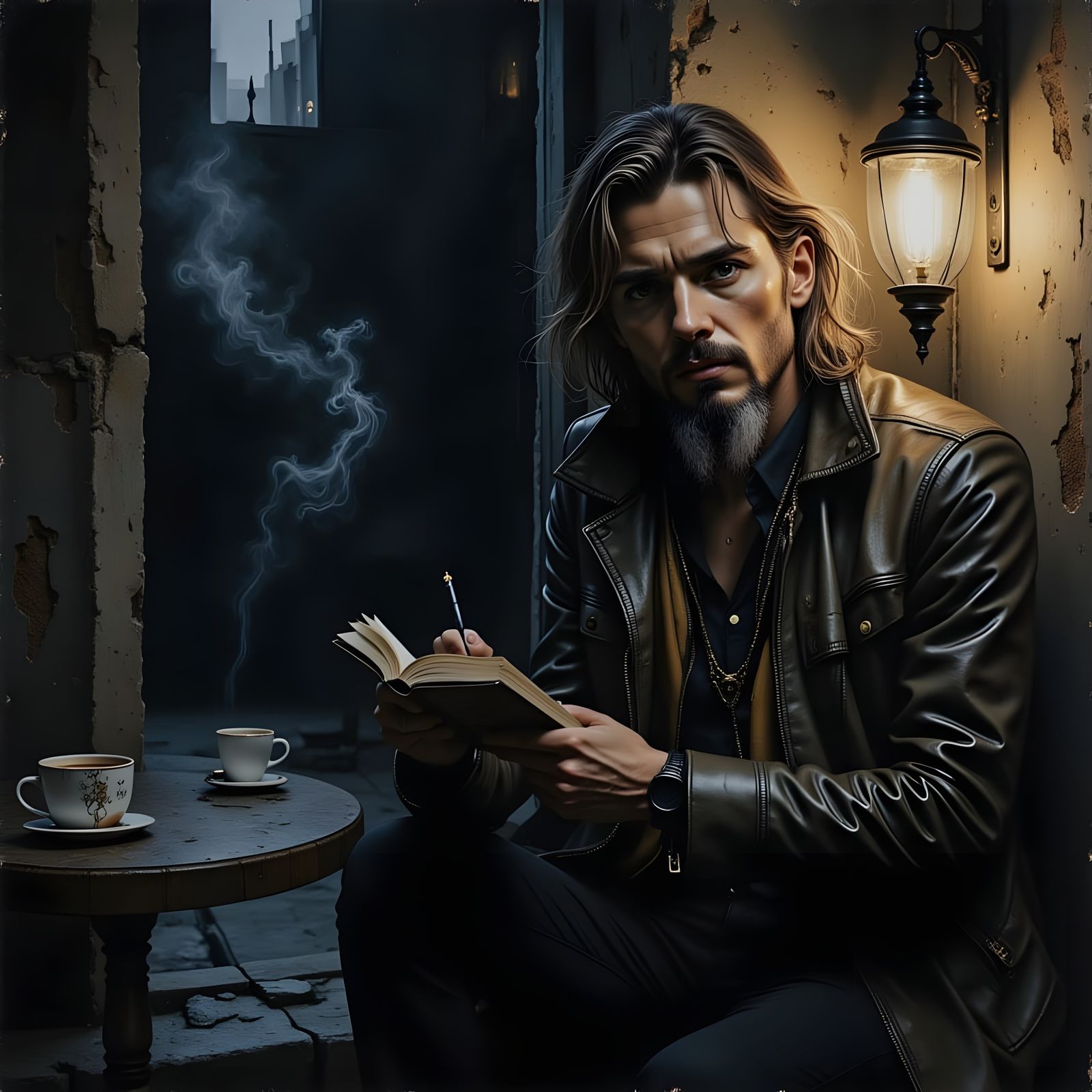 Grizzled Biker Artist Sketches in Cafe, Moody 1970s Vibe