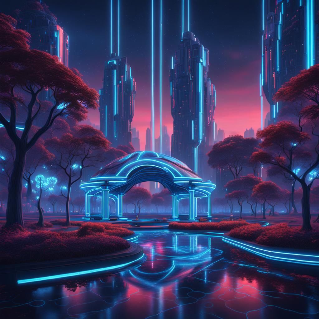 Tron-Style Neon Lights in a City Park