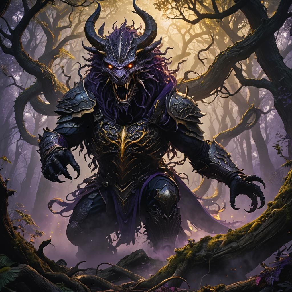 Hydra Battles Knight in Dark Fantasy Forest