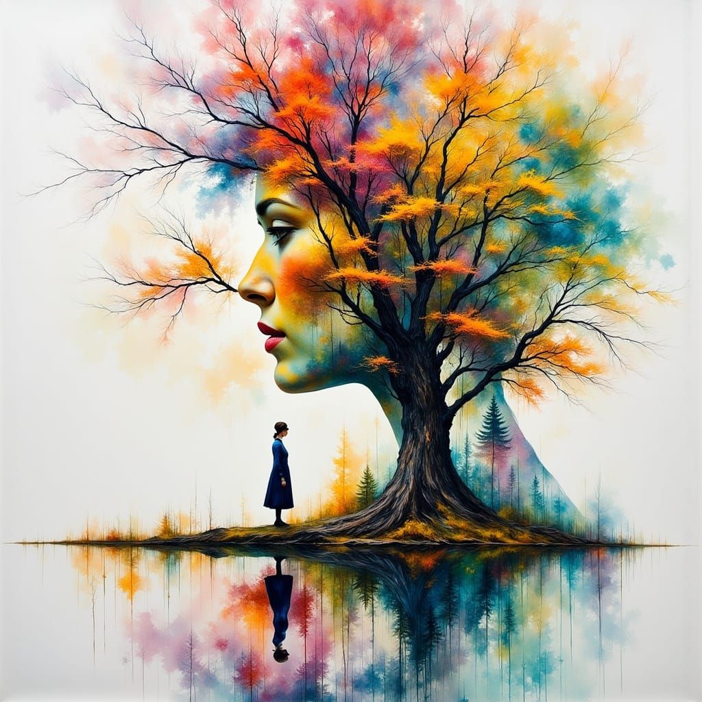 Surreal Gouache of Fallen Tree with Double Exposure