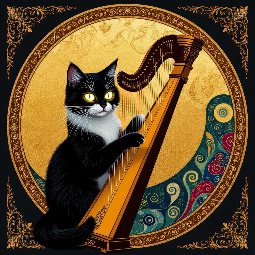 Cat Playing Kitten Harp in Klimt Gold Style