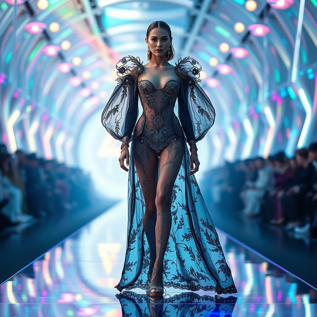 Stunning Avant-Garde Model Strides Down Iridescent Runway