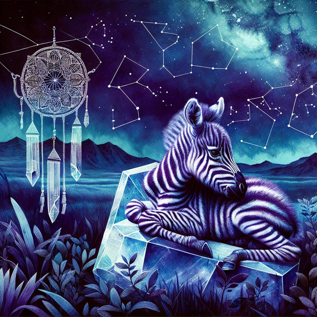 Purple Zebra Sleeping on Crystal in Cyanotype Style