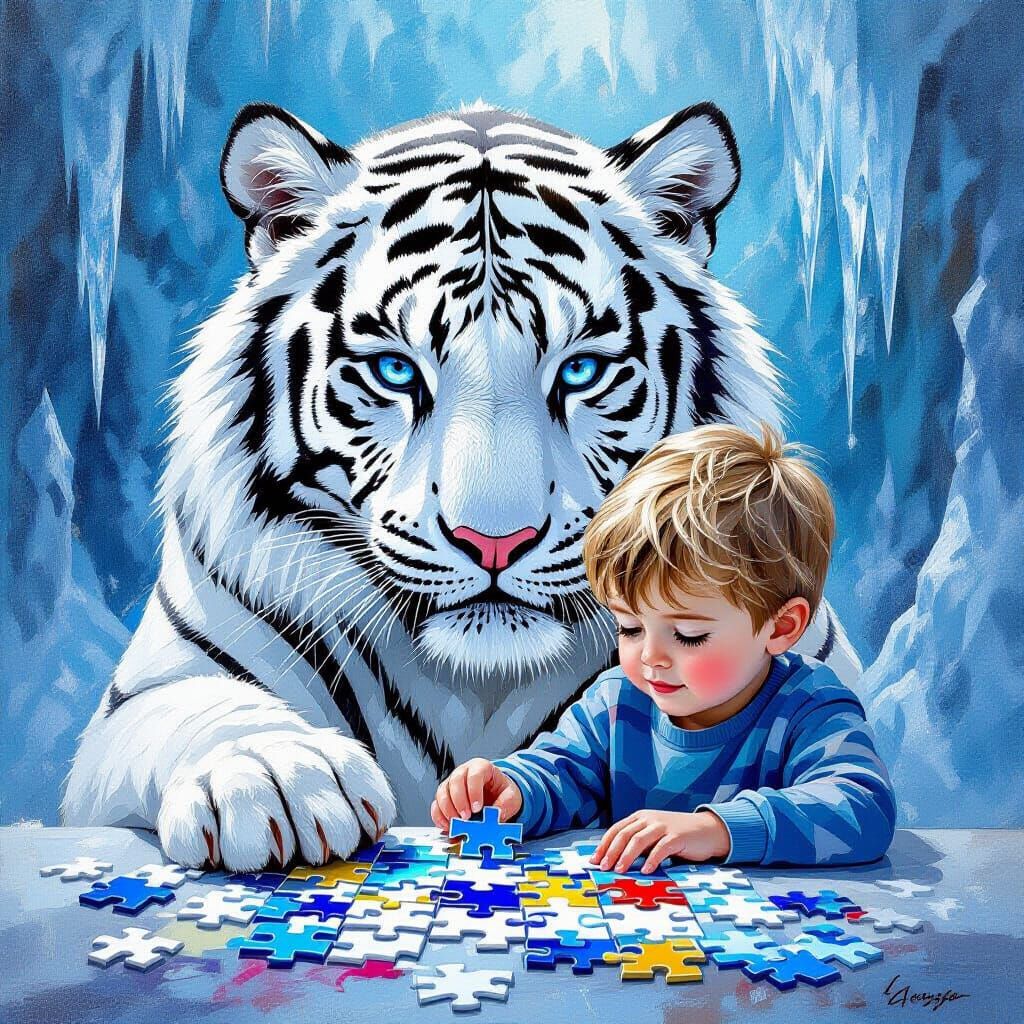Cute Boy Completes Epic White Tiger Jigsaw Puzzle