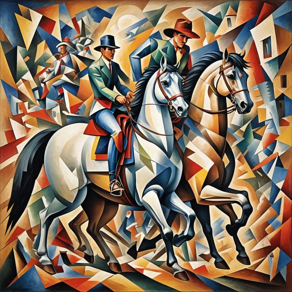 Pony Express Riders in Abstract Cubism Style