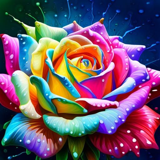 Rainbow Rose with Dewdrops in Graffiti Art Style