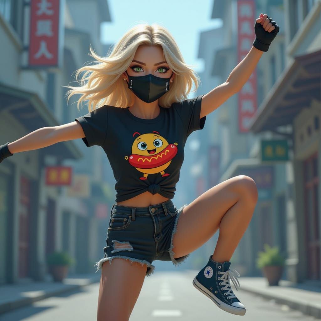 Dynamic Woman Kicking in Air, Cinematic Digital Art