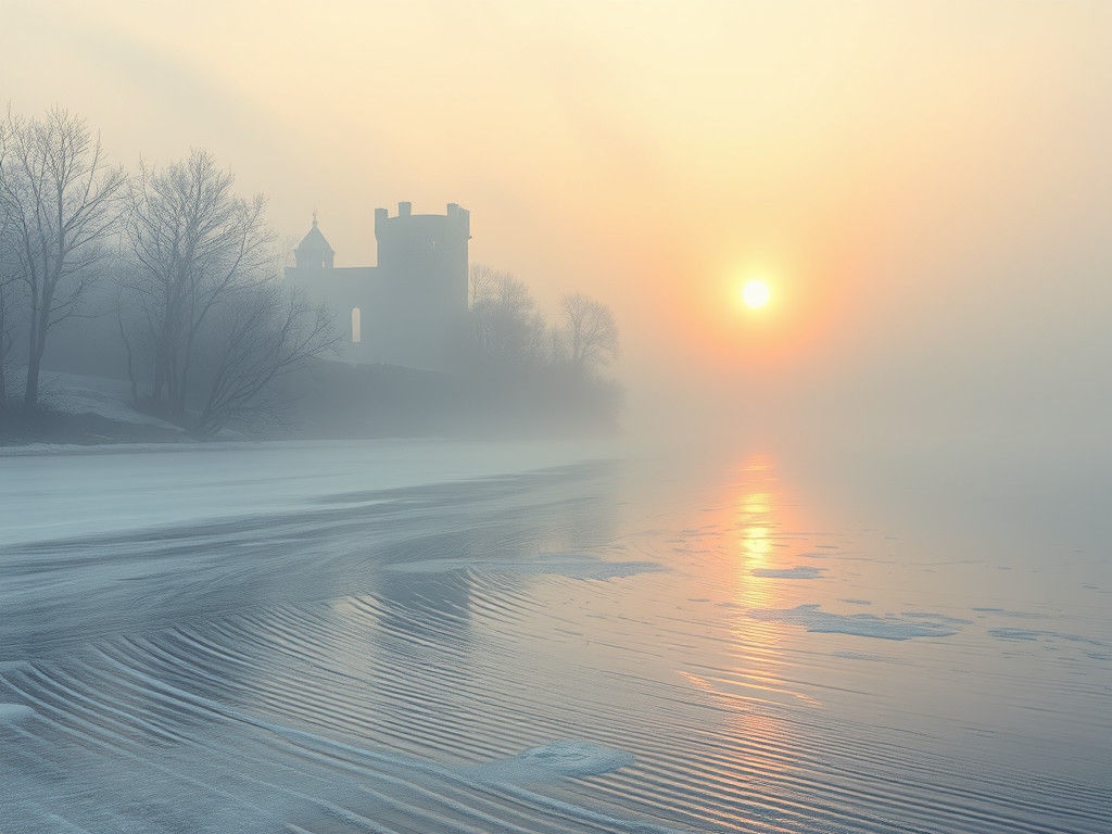 Misty Castle Ruins on Icy Riverbank
