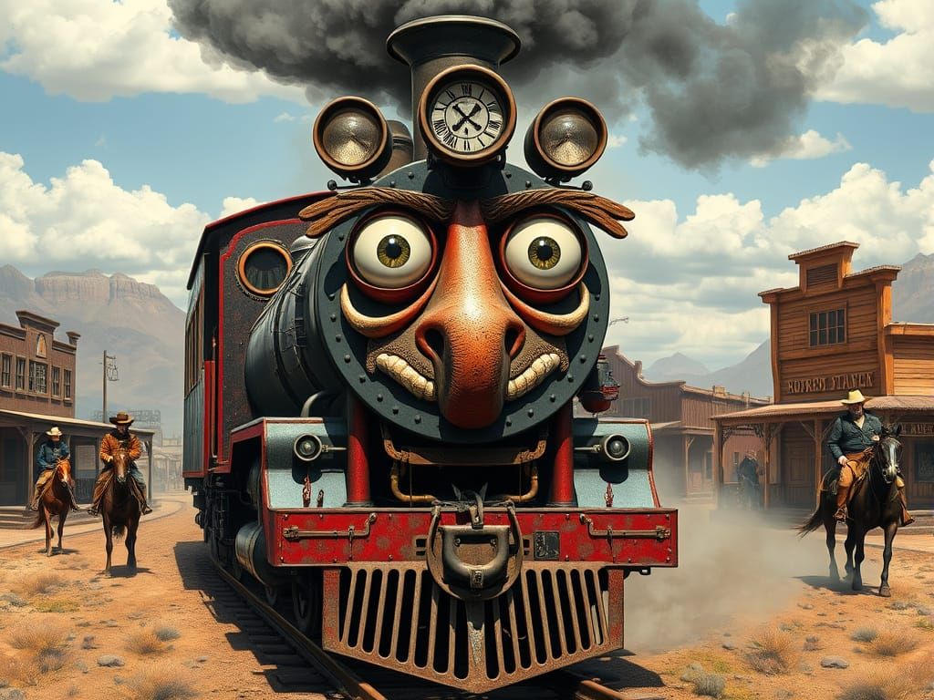 Surreal Steam Train Engine with Cowboy Scene in Whimsical St...