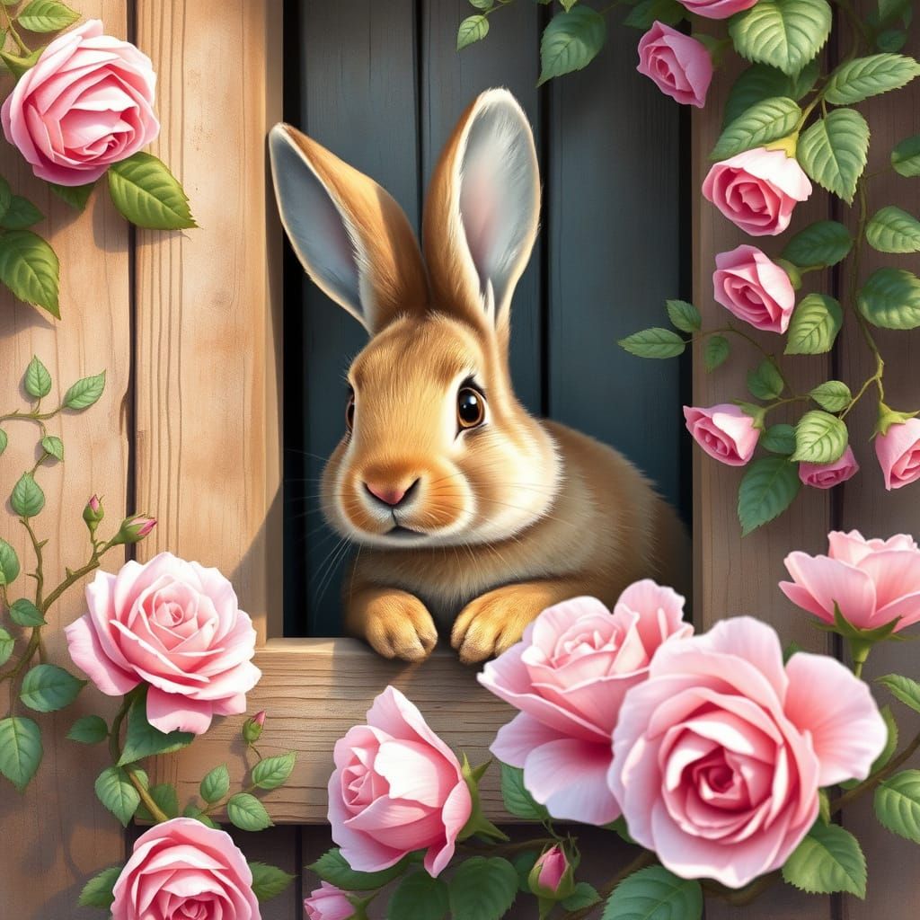 Whimsical Rabbit in Enchanted Garden: Watercolor Oil Paintin...