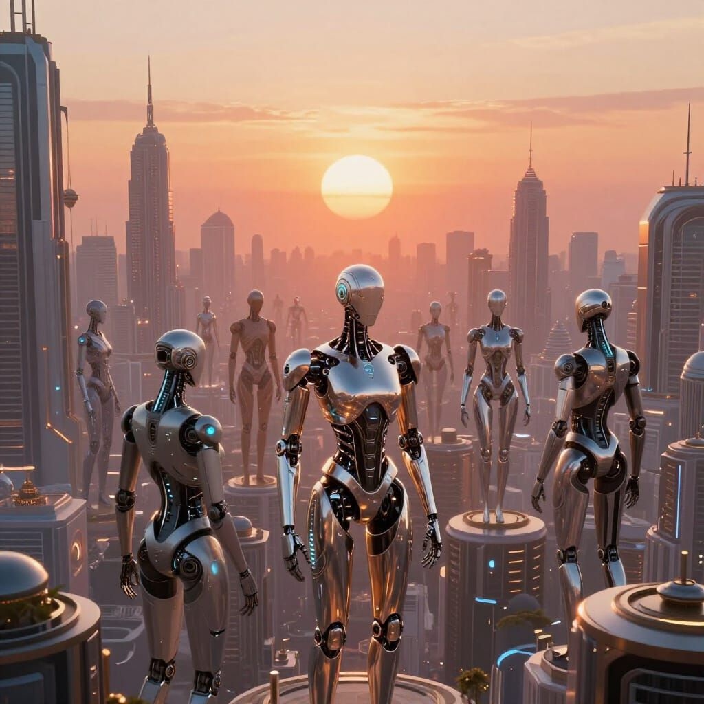 Ethereal Cityscape With AI Beings At Double Sunset