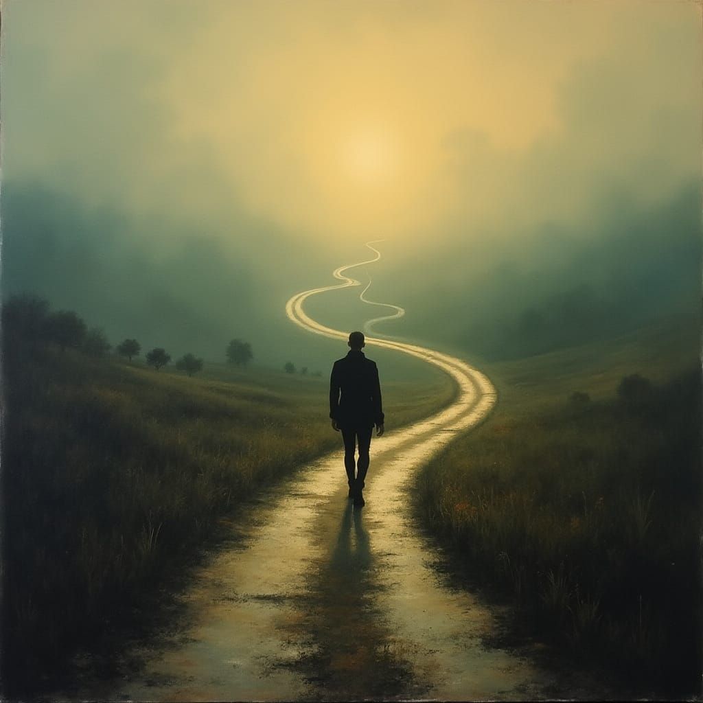 Surrealist Figure Contemplates Uncharted Paths in a Dreamlik...