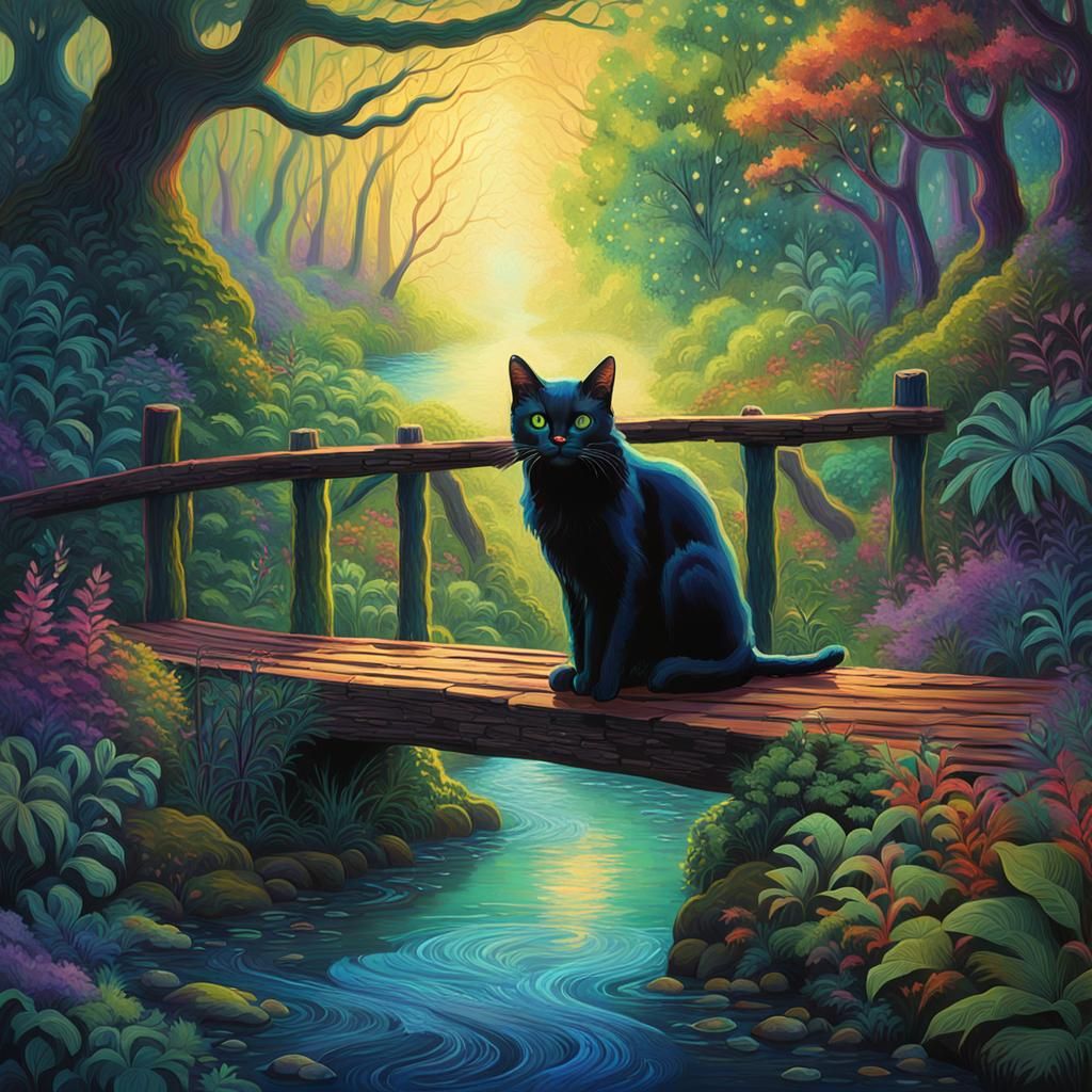 Ethereal Black Cat Crossing a Glowing Forest Bridge