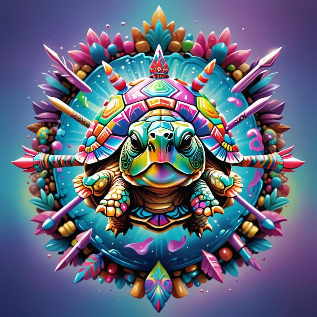 Aztec Tortoise with Trident in Vibrant Splash Art