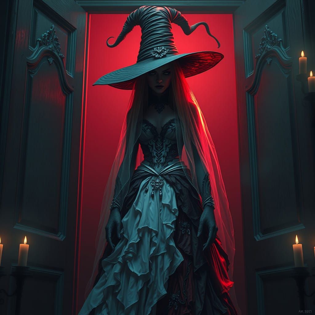 Evil Witch in Tattered Wedding Gown, Surrounded by Shadows a...