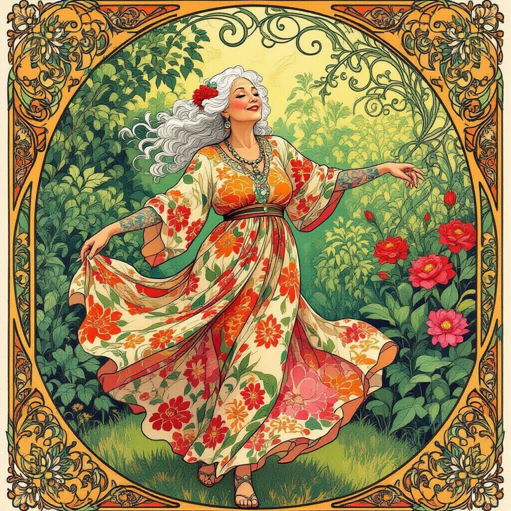 Psychedelic Art Nouveau: Tattooed Woman Dancing in Garden