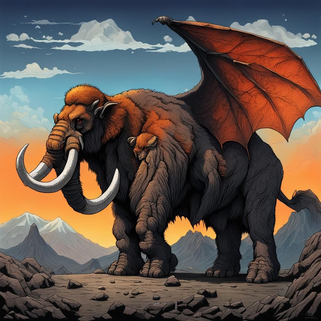 Bat-Winged Mammoth in Volcanic Landscape, Tetsuya Nomura Sty...