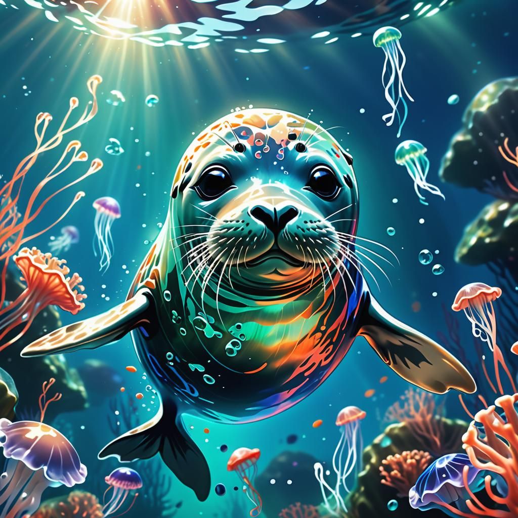 Digital Art of a Cute Seal Swimming Underwater in Vibrant Bl...
