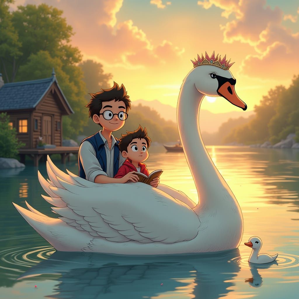Pixar-Style Swan Family: Elegant Mother and Adorable Babies